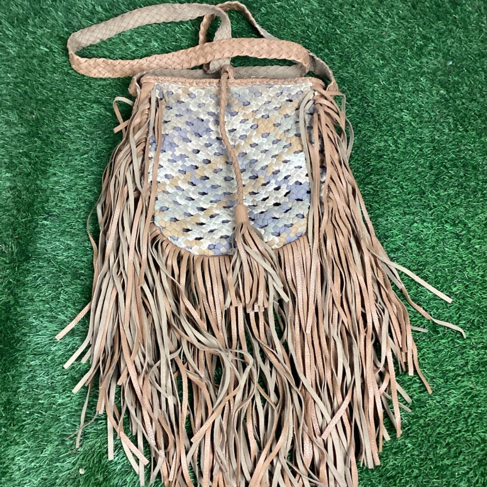 Mossimo Tan Fringe Faux Leather Woven Crossbody Bag